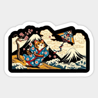 Vintage Japanese Art Kite Lover Mountain Mt. Fuji Cute Cat Sticker